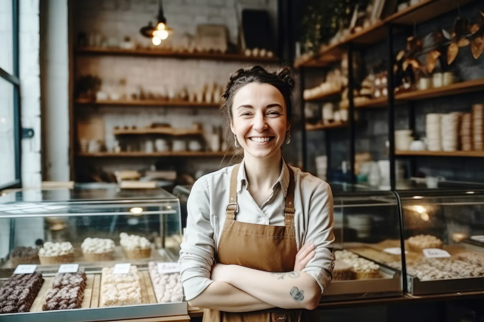 Pastry shop owner at her counter